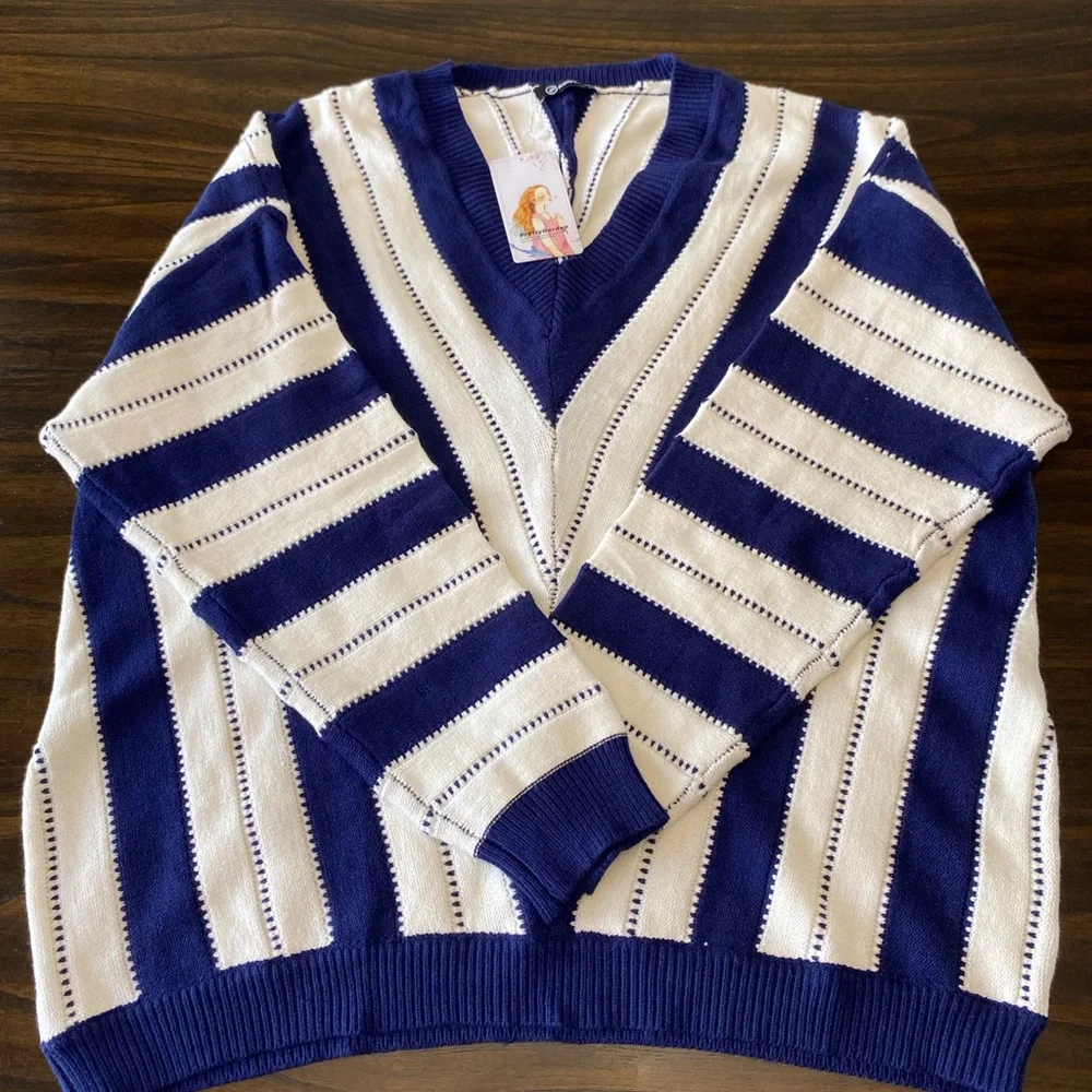 PrettyGarden Striped V-Neck-Sweater-Navy Blue & White- NWT Size XXL - Picture 9 of 10